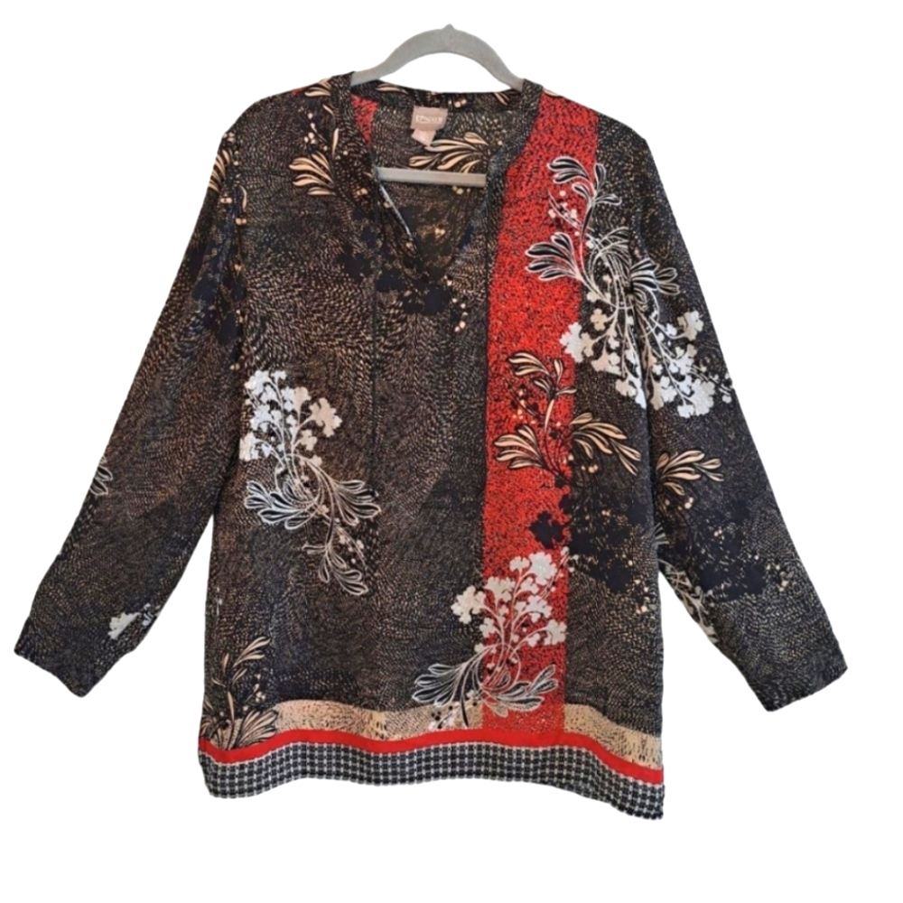 Chico's Lightweight Blouse Cover Up Floral Asian Inspired Black Red Size 1